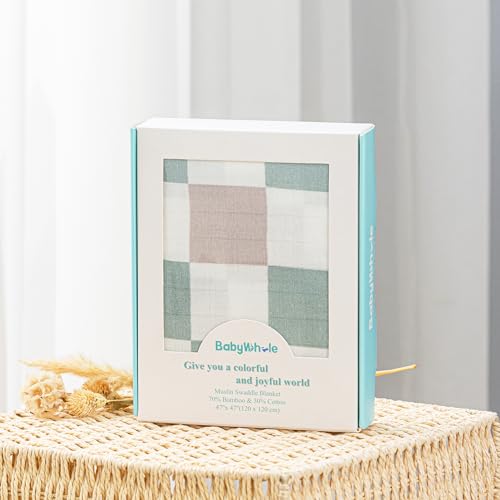 Image of BabyWhale Muslin Swaddle Blanket with Hat and Headband Bow, Checkered Print Swaddle Set for Baby Boys & Girls, Unisex Soft Receiving Blanket Wrap, Green Grey Checkered, 47x47 inches