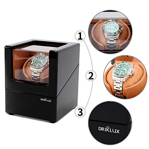 Driklux Automatic Single Watch Winder Box for Rolex with Quiet Motor - Premium Solid Wood Black Piano Exterior and Soft Flexible Watch Pillows of Black Leather - Thumbnail 6