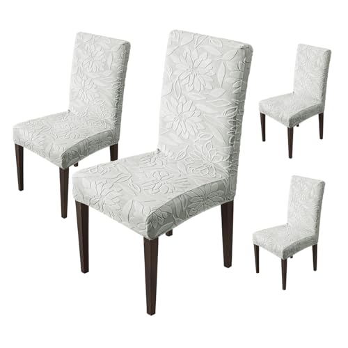 Image of House of Quirk Stretchy Universal Camellia Jacquard Waterproof Chair Cover Removable & Washable Short Dining Chair Cover Protector Seat Slipcover (Light Grey,Pack of 4)