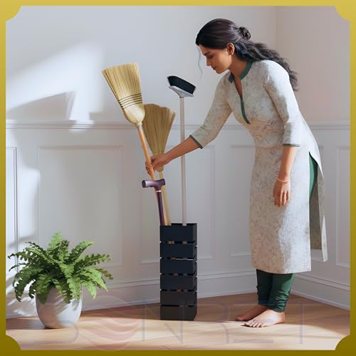 Image of Metal Broom Stand | Powder-Coated Mild Steel Broom Holder | Ventilated Design & Rust-Resistant Finish | Space-Saving Storage for Home /Hostel /Office - Black