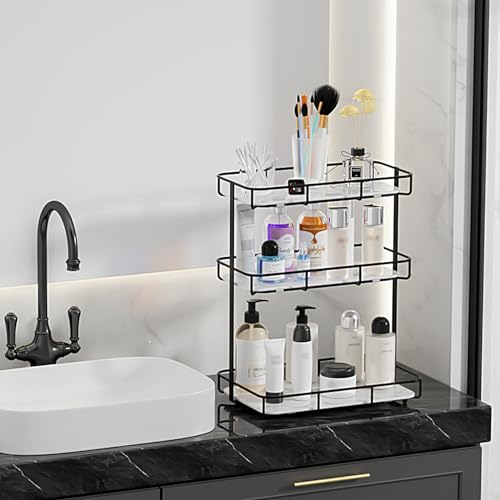Image of Bathroom Organizer Countertop Perfume Organizer Makeup Organizer Cosmetics Storage Display Rack Vanity Tray Dresser Stainless Steel Gold Shelf White Marble Ceramic Tray