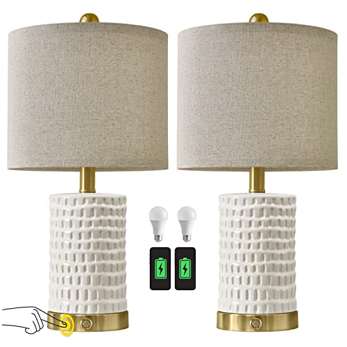Portres 19’’ Farmhouse 3-Way Dimmable Touch Ceramic Table Lamp Set Of 2 For Bedroom White Bedside Lamps With 2 Usb Charging Ports For Living Room Nightstand Lamp End Table Lamps(2 Bulbs Included) #TOP5