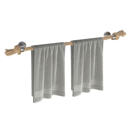 Perfeso.L 26'' Rustic Nautical Rope Towel Rack with Knot Design for Coastal Bathroom Decor Bathroom Accessories Wall Mount Towel Holder Towel Bar Silver Stainless Steel