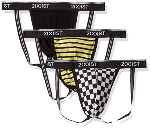 2(X)IST Men's Cotton Stretch Jock Strap 3-Pack,Check black & White/black/stripe lime Sherbet - 58105,Medium