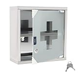 LZQ Medizinschrank Medizinschränke aus Edelstahl abschließbar, 2 Fächer Medikamentenschrank Arzneischrank mit Glas Tür, Erste Hilfe Schrank inkl. 2 Schlüsseln, 30x12x 30cm Weiß