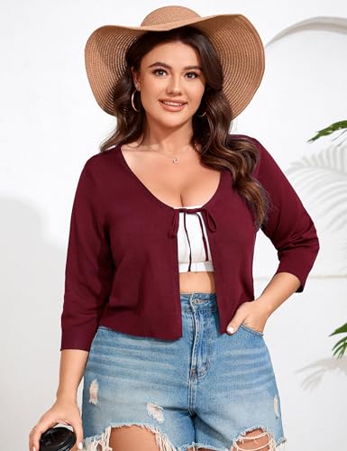 Image of ShopWonder Women's V-Neck Tie Front Shrug 3 /4 Sleeve Rib-Knit Cardigan Sweater Crop Top