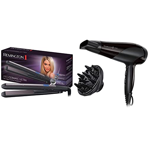 Remington Plancha de Pelo Pro Ceramic Ultra - Cerámica Avanzada, Placas Flotantes de 110 mm, Digital, Negro y Morado + Secador de Pelo Ionic Dry 2200 - Iónico, Concentrador y Difusor, 2200 W, Negro