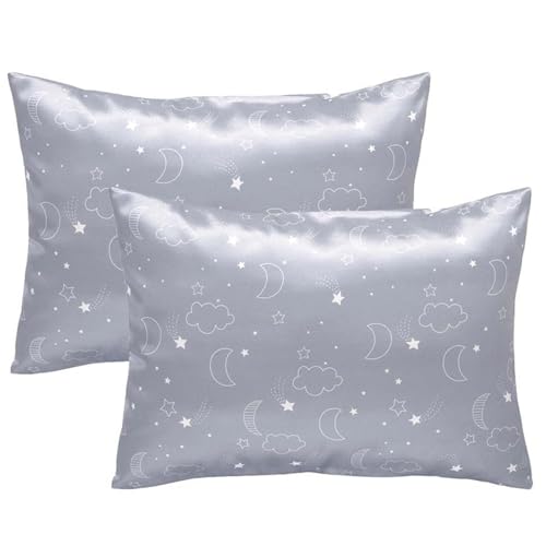 2PCS Toddler Silk Pillowcase, 14x19 Inch Grey Satin Pillowcase, Comfortable Soft Pillow Covers with Envelope Closure, Star Pattern Toddler Pillow Case for Boys Girls, Soft Covers