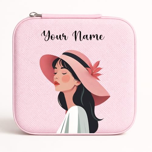 Image of PRIMIT Personalized Jewelry Box with Name & Birth Flower - Custom Travel Jewelry Organizer Case - Bridesmaid, Birthday, Christmas Gift for Women & Girls (Cap Girl)