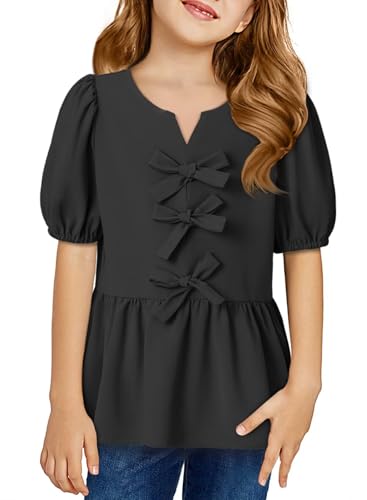 Girls Shirts Cute Puff Sleeve Bow Tie Front Tops Crewneck Babydoll Peplum Blouse 6-15 Years