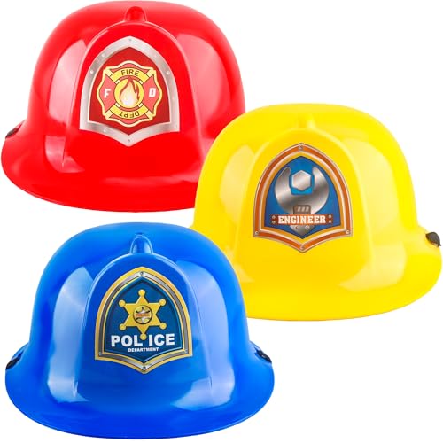 Skyebed 3 Pcs Plastic Fireman Hat Police Engineer Helmet Construction Career Role Play Hard Hats for Kids Toddler Cosplay Dress (Color Style 1)