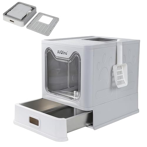 Arenero de acero inoxidable plegable con tapa para gatos miniatura 1