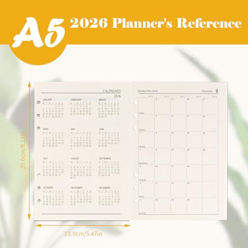 2026 Wochenplaner Einlage A5, 2026 Wochenplaner Einlage A5 6 Löcher, 176 Seiten Kalendereinlage 2026, 139x206mm Nachfüllpapier für Planer, Tagebücher, DIY-Projekte