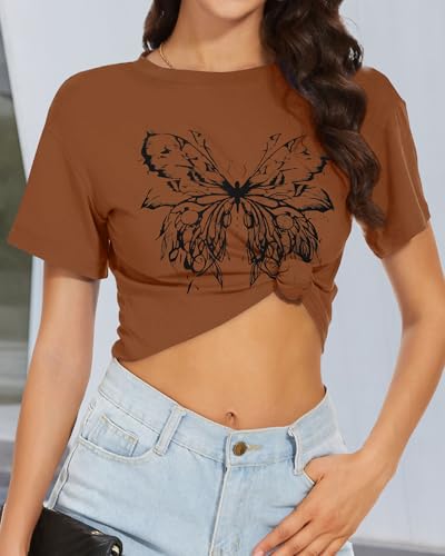 Image of Womens Summer Crop Tops Short Sleeve Round Neck T-Shirts Loose Fit Casual Blouse 2026