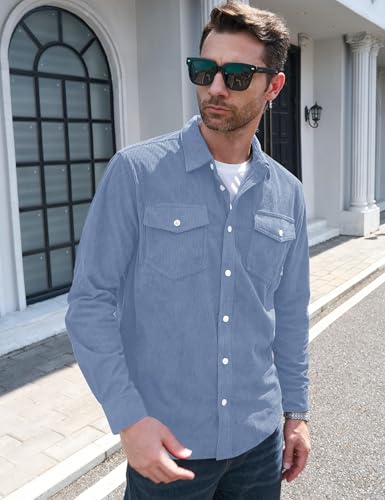 MAGCOMSEN Shirt for Men Corduroy Long Sleeve Top Casual Button Down Work Overshirt Jacket with Chest Pocket Light Blue - Image 3