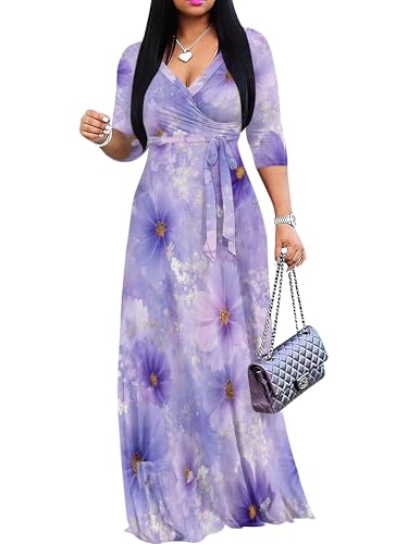 Image of PinkPatty Plus Size Dresses for Curvy Women V Neck Flowy Long Sleeves Wrap Maxi Dress Travel Vacation Outfits