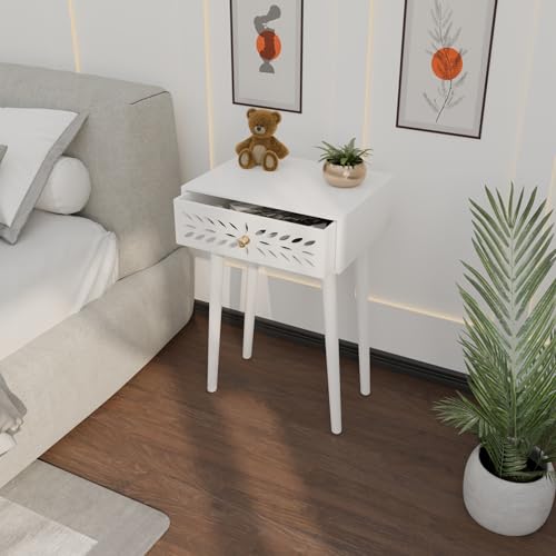 Image of Ereteken ART Nightstand Bedroom Carved Beside Table Made of MDF, Night Stand with 1 Drawers end Table for Bedroom /Living Room-White (White)