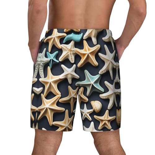 Seashell Starfish Print Mens Swim Shorts Trunks Inseam Compression Liner Quick Dry Zipper Pocket Black4