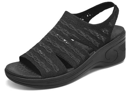 Image of Womens Wedge Sandals Platform Walking Sandals Open Toe Ankle Elastic Strap Casual Comfortable Summer Dressy