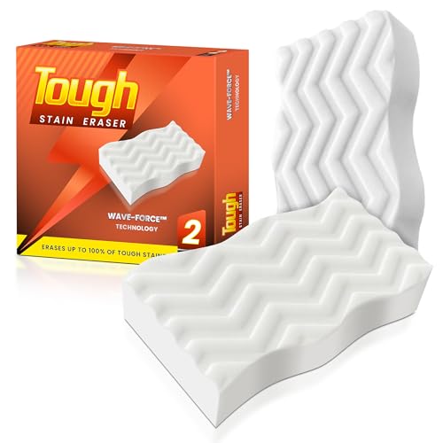 Tough Stain Eraser Sponges 2 Pack Magic Cleaning Pads with Wave-Force Technology Extra Durable Reusable Melamine Foam for Walls Tiles Kitchen Bathroom & Shoes Chemical-Free Cleaner