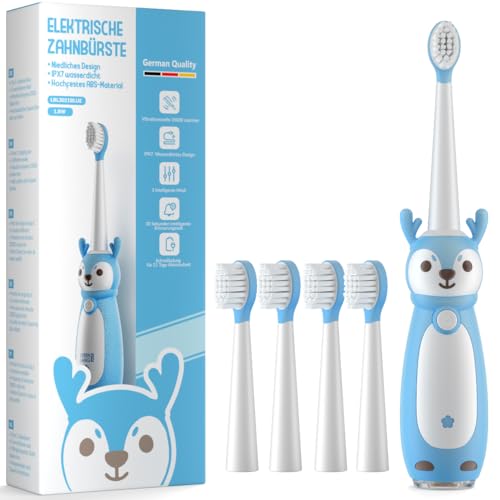 Sonic Rechargeable Kids Electric Toothbrush, 3 Modes with Memory, 35000 Strokes, IPX7 Waterproof,4 Soft Bristles Heads for Boys Girls Ages 3+ 4-7,Blue
