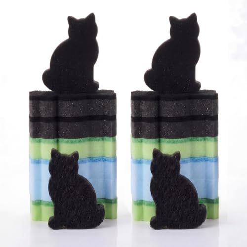 Image of Tioncy 12 Pack Cat Shaped Double Sided Sponge Scrubbers, Cute Cat Dish Sponges, Reusable Non Scratch Kitchen Cleaning Sponges for Dishes, Pots, Sink and Household Cleaning (Black Green Blue)