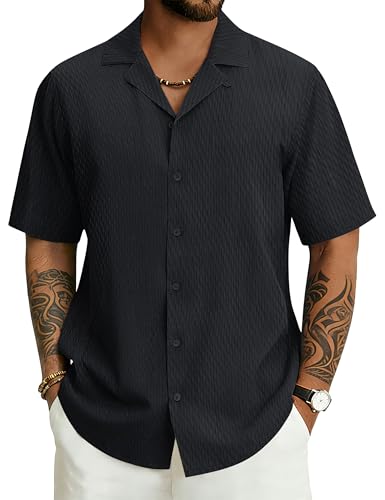 Cotrasen Shirts for Men Casual Short Sleeve Button Up Linen Shirt Textured Summer Beach Vacation Hawaiian Wrinkle-Free Regular Fit Dress Shirts Black XL