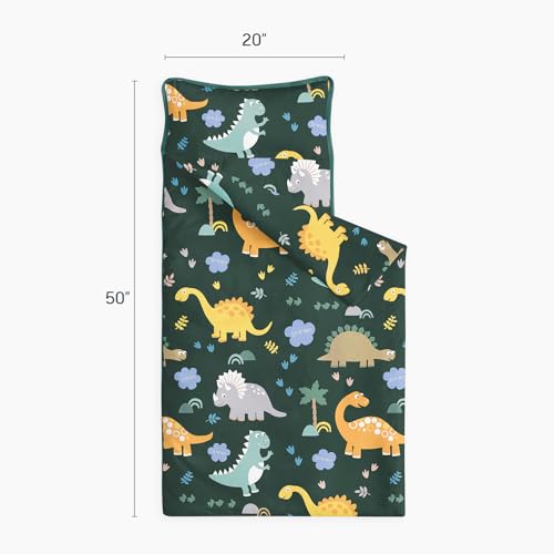 Image of Wake In Cloud - Toddler Nap Mat with Pillow and Blanket, 100% Cotton Fabric, for Kids Boys Ages 3 Plus in Daycare Kindergarten Preschool, Roll Up Sleeping Bag, Cute Dinosaurs