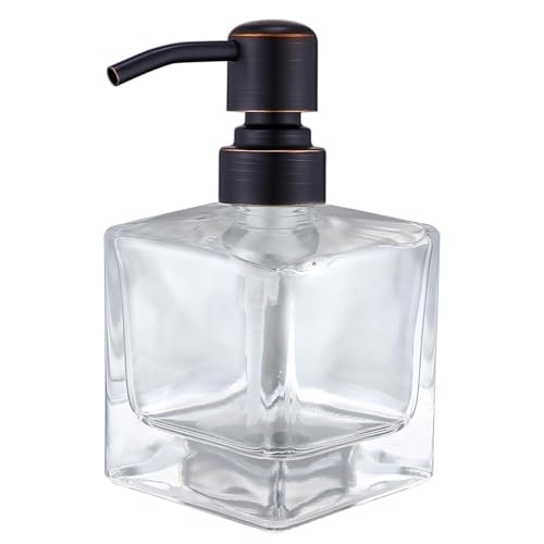 Image of Square Bathroom Soap Dispenser Oil Rubbed Bronze, Glass Bottles with Stainless Steel Pump Retangle Cube Liquid Soap Dispenser Hand Kitchen with Waterproof Lables