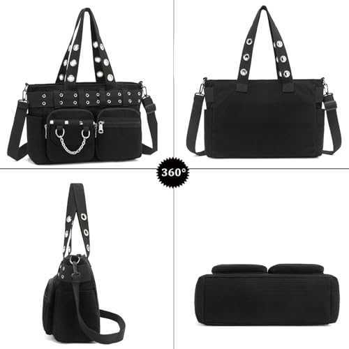 Tote Bag for Women, Corduroy Gothic Purse Goth Bag with Zipper for College, Work, Travel, Gym3