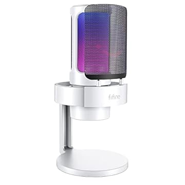 FIFINE Microfone RGB para computador jogos USB transmissão ao vivo, reuniões, podcasts, vídeo, microfone condensador com conector de monitoramento de fone de ouvido,para Mac OS/Windows- A8 branco