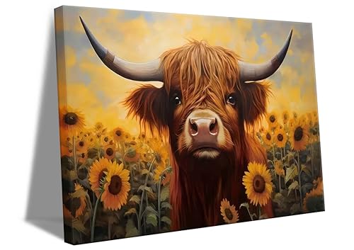 Image of Highland Cow Sunflower Wall Art Scottish Cow Poster Picture Sunflower Flowers Field Canva Print Cute Farm Cow Painting For Living Room Bedroom Home Office Wall Decor Framed