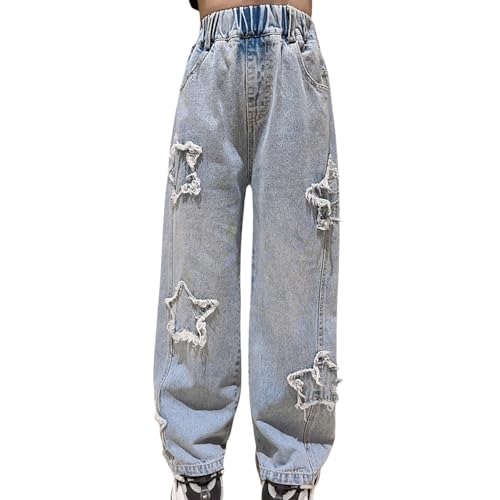 Jeans for Teen Girls Baggy Wide Leg Jeans Cute Elastic High Waist Ripped Denim Pants with Pockets Y2k Streetwear