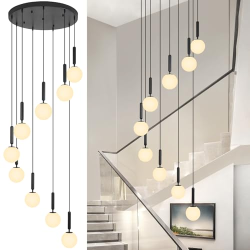 Image of 9-Lights Black Chandelier with Milk White Glass Mid Century Modern