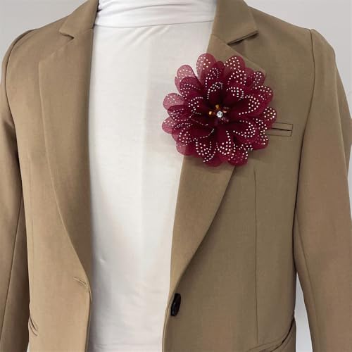 Image of Rhinestones Flower Fabric Big Brooches Lapel Pins for Women Elegant Organza Floral Brooch Pin for Dresses Suit Wedding Banquet Clothes Accessories Fashion Jewelry 130mm