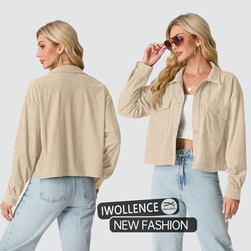IWOLLENCE Women's Cropped Shacket Jacket Fashion Button Down Corduroy Shacket Jackets Casual Crop Shirts Fall Coat Tops4