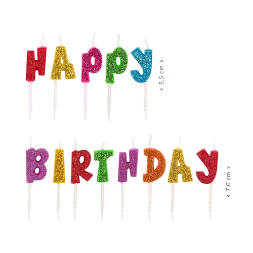 TRENDHAUS 963840 - Birthday Fun świece z napisem "Happy Birthday", ok. 6 do 7 cm, błyszczące świece urodzinowe z wosku parafinowego, przeznaczone do kontaktu z żywnością