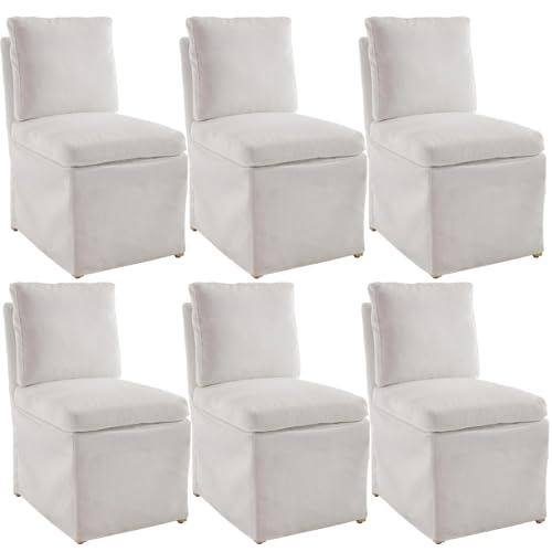 Linen Slipcovered Dining Chairs with Arms, Upholstered Farmhouse Dining Room Chairs, Skirted Parsons Kitchen Chair with Solid Wood Frame, Accent Chair for Dining/Living Room, White