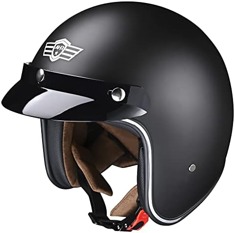 AHR Run-O5 3/4 Open Face Motorcycle Helmet Vintage Retro Moped Helmet with Visor for Men Women, Bobber Scooter ATV Cruiser DOT (Matte Black, XXL)