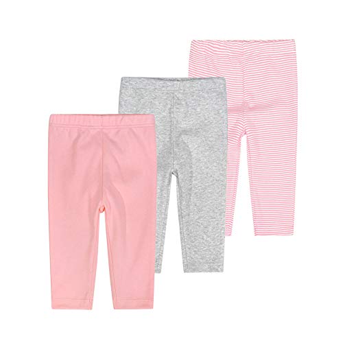 SUYEORLI Baby Boys Girls 3-Pack Pants Cotton Stripe Solid Leggings (Pink/Grey/Pink Stripe, 3-6 Months)