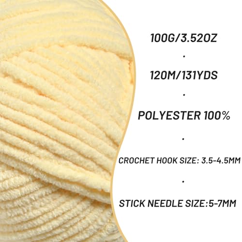 Image of Plush Chenille Chunky Crochet Yarn - Baby Yarn for Crocheting Soft - Velvet Yarns Knitting for Blankets Crafts - Fluffy Amigurumi Yarns 100g / 131yd (Yellowish)