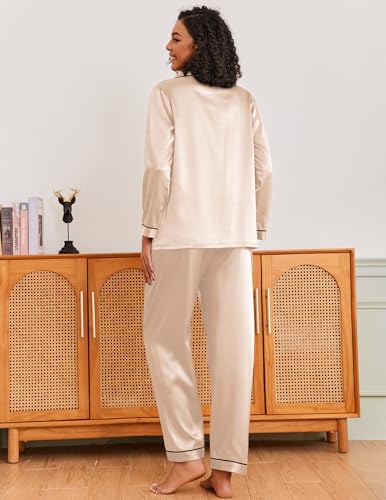 Image of Ekouaer Pajamas for Women Silk Satin Button Down Long Sleeve Pajama Sets