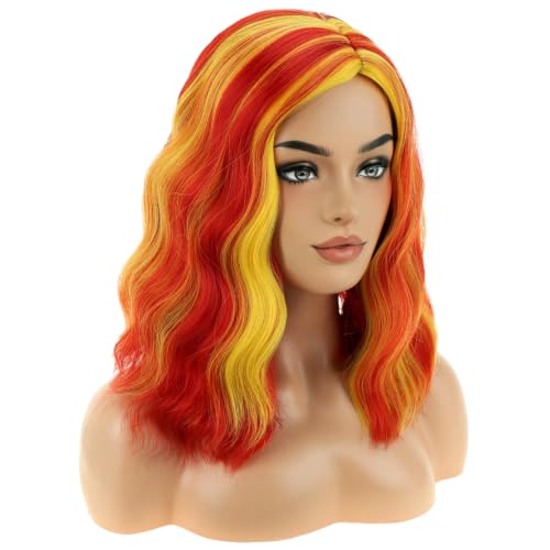 Image of BERON Red and Yellow Short Curly Wavy Women Wig Red Mixed Golden Side Part Wigs Flag Heat Resistant Synthetic Wig Halloween Cosplay Costume Party Wigs