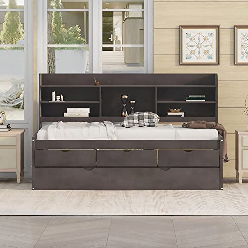 Harper & Bright Designs Twin Captain's Bed With Twin Size Trundle And 3 Storage Drawers, Wood Twin Size Daybed Frame With Built-In Bookshelves, Twin Sofa Bed For Living Room Bedroom (Antique Natural) #TOP2