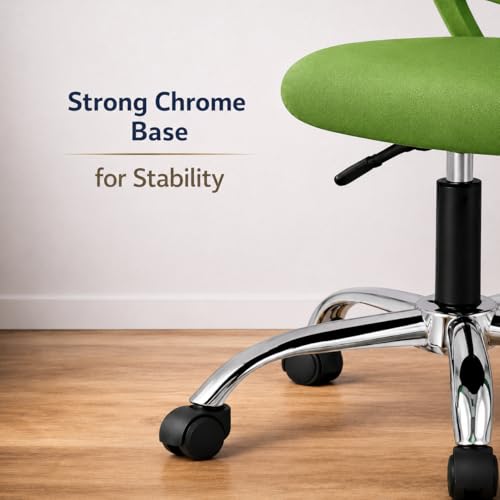 Image of Modern Ergonomic Office Chair, Green, Adjustable Height, Chrome Base with Wheels, Mesh Back Design, Task Seating
