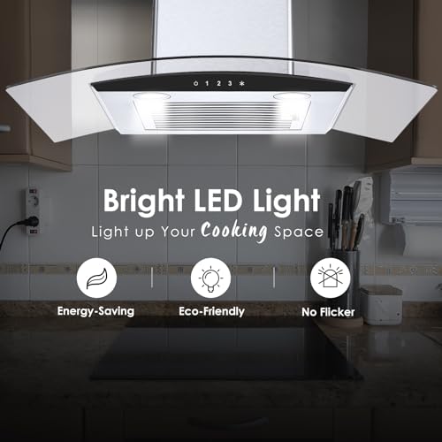 Image of Tieasy Range Hood 30 Inch, 450 CFM Wall Mount Kitchen Hood with Ducted /Ductless Convertible Stainless Steel Filter Range Hoods 3-Speed Touch Control LED Lights