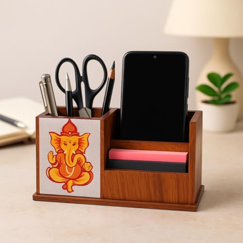 Image of Handcrafted Wooden Pen Holder & Mobile Stand | Desk Organizer for Office, Home & Study Table | Pen Pencil Stand with Card Holder (6.75x3.75x2.5 Inch) (Ganesha Harmony)