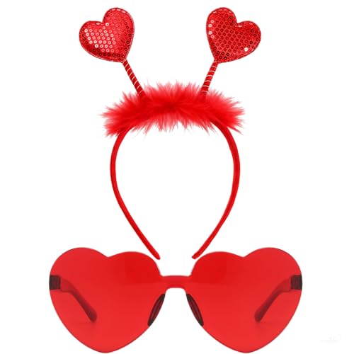 Valentines Day Heart Headband and Heart-Shaped Glasses Set - Red Romantic Head Bopper Costume Dress-Up Accessories for Wedding Engagement Halloween Anniversary Bridal Shower Birthday Party Favor