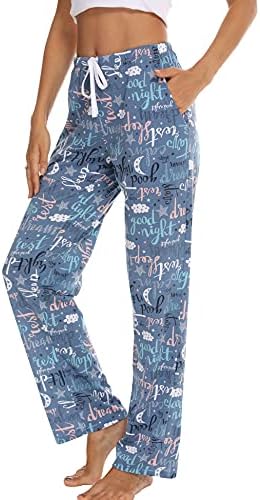 ENJOYNIGHT Women's Comfy Casual Pajama Pants Print High Pajama Bottom Drawstring Lounge Pants with Pockets(BL,Medium)