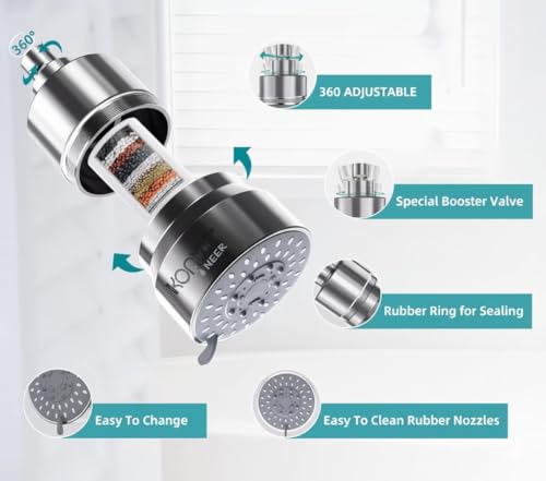 Image of Konvio Neer 22-Stage Shower Filter for Hard Water | 5 Spray Mode Filtered Showerhead | Removes Chlorine, Reduces Hair Fall | Borewell /Tanker Water Softener for Soft Hair & Skin